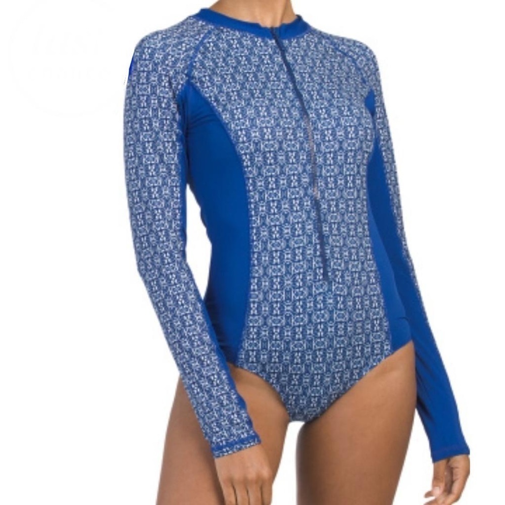 CABANA LIFE Women’s Upf50 Palms Long Sleeve One-Piece Swimsuit Blue White Size L